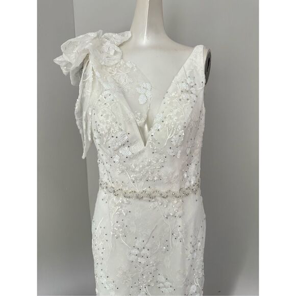 MAC DUGGAL FLORAL EMBELLISHED V-NECK MIDI DRESS WITH SHOULDER BOW - Picture 6 of 12